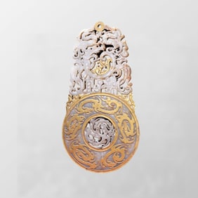 Superb Old Chinese Gilt Gold Hetian Jade Carved Dragon Jade Bi