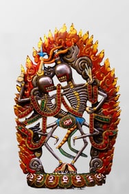 Tibetan Colored Drawing Copper Inlay DZI Agate & Gem Statue