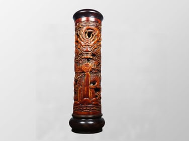 Openwork Chinese Huali Wood Carved Fortune Dragon Incense Tube