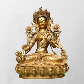 Tibetan Gilt Gold Copper Inlay Gems Tara Buddha Statue