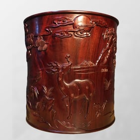 Chinese Huanghuali Wood Low Relief Crane & Deer Design Brush Pot