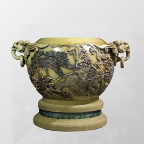 Vintage Chinese Colored Drawing Shoushan Stone Carved Fortune Kylin Double Ring Incense Burner