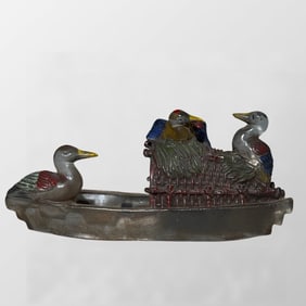 Vintage Chinese Peking Glass Carved Duck & Boat Statue