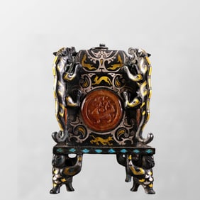 Vintage Chinese Silver Plated Gilt Gold Copper Inlay Gem Four Dragon Box