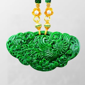 Exquisite Green Jadeite Carved Phoenix Pendant w Beads Necklace