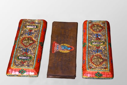 Vintage Buddhism Handwriting Sutra Book w Gold Wires Inlay Gem Cover