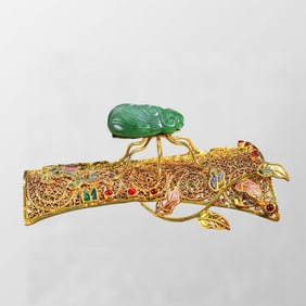 Chinese Gold Wires Enamel Inlay Jadeite Cicada Statue