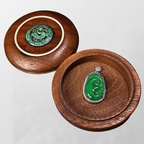 Beautiful Jadeite Carved Ruyi Pendant w Huali Wood Box