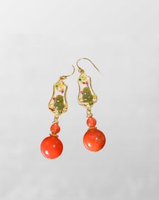 A Pair Beautiful 925 Silver Inlay Green Hetian Jade & Agate Earrings