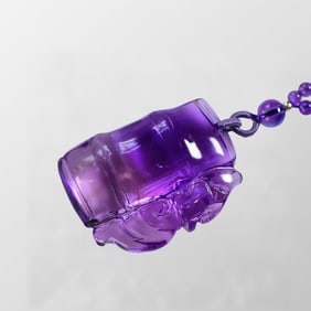 Beautiful Amethyst Carved Fortune Cicada & Bamboo Pendant w Beads Necklace