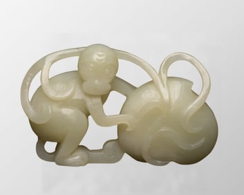 Superb Chinese Natural Hetian Jade Carved Monkey & Peach Statue