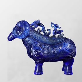 Vintage Chinese Blue Peking Glass Fortune Sheep Statue