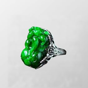 Exquisite Pure Silver Inlay Jadeite Fortune Pixiu Ring
