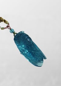Beautiful Aquamarine Carved Fortune Cicada Pendant w Hand Woven Necklace