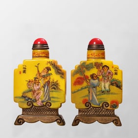 A Pair Chinese Yellow Peking Glass Eight Taoism Deity Design Snuff Bottle