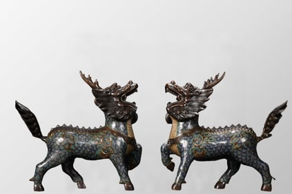 A Pair Vintage Chinese Gilt Gold Copper Cloisonne Fortune Kylin Statues