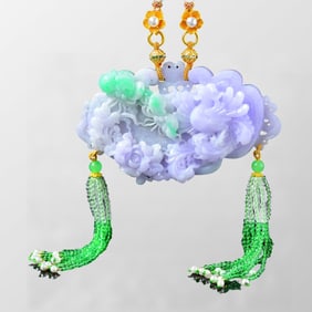 Exquisite Purple Jadeite Carved Phoenix & Peony Pendant w Beads Necklace