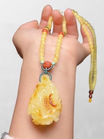 Beautiful Beeswax Carved Fortune Cabbage Pendant w Hand Woven Beads Necklace
