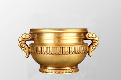 Vintage Chinese Gilt Gold Copper Double Ear Incense Burner