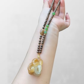 Chinese Natural Hetian Jade Carved Snake Pendant w Hand Woven Chenxiang Wood Beads Necklace