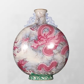 Chinese Rouge Red Glaze Enamel Fortune Dragon Design Porcelain Vase