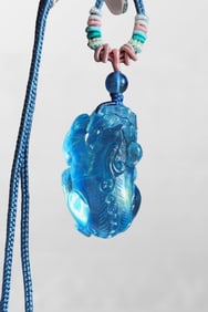 Beautiful Aquamarine Carved Fortune Pixiu Pendant w Hand Woven Necklace