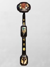 Vintage Chinese Zitan Wood Inlay Shoushan Stone & Shell Ruyi Scepter Statue