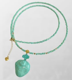 Exquisite Turquoise Carved Laughing Buddha Pendant w Beads Necklace