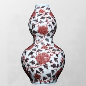 Chinese Iron Red Glaze Flowers Design Gourd Shape Porcelain Vade