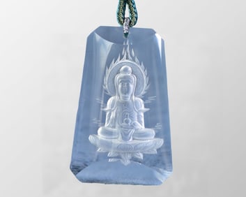 Chinese White Crystal Inner Carving Kwan-yin Pendant w Hand Woven Necklace