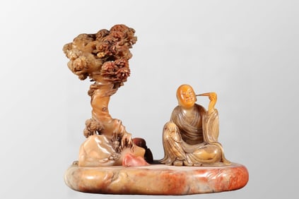 Vintage Chinese Shoushan Stone Carved Arhat Statue w Base