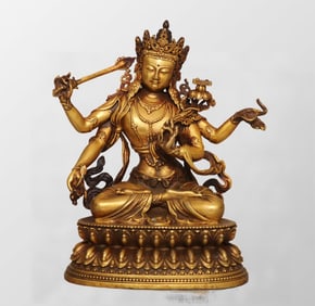 Tibetan Buddhism Gilt Gold Copper Four Arm Kwan-yin Statue