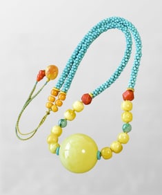 Hand Woven Beautiful Beeswax & Turquoise Beads Pendant w Necklace