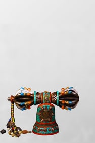 Tibetan Buddhism Copper Inlay DZI Agate & Turquoise & Gems Dharma-vessel Statue