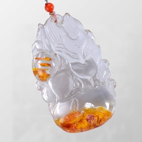 Beautiful Crystal Carved Nine-tailed Fox Pendant w Hand Woven Necklace