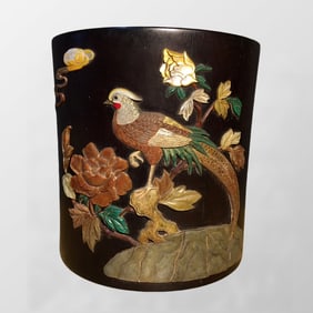 Vintage Chinese Zitan Wood Inlay Shoushan Stone & Shell Flowers Bird Design Brush Pot