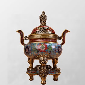 Vintage Chinese Gilt Gold Copper Cloisonne 3 Leg Double Ear Incense Burner w Base