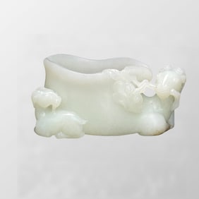 Superb Chinese Natural Hetian Jade Carved Fortune Sheep Wine Cup