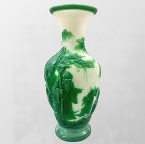 Chinese Green Peking Glass Low Relief Pine Tree & Longevity Taoism Deity & Kid Design Vase