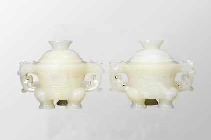 A Pair Superb Chinese White Hetian Jade Incense Burner