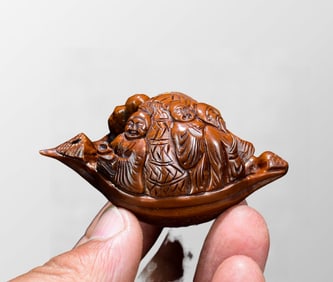 Vintage Olive Nut Carved Boat & Figure Pendant