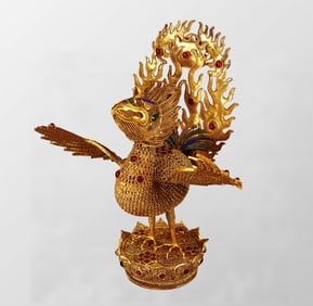 Exquisite Chinese Gold Wires Enamel Inlay Gem Divine Bird Statue