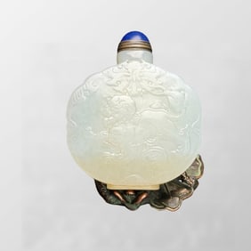Chinese Natural Hetian Jade Low Relief Fortune Lion Snuff Bottle