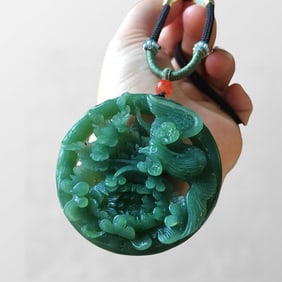 Superb Chinese Green Hetian Jade Carved Phoenix & Peony Pendant
