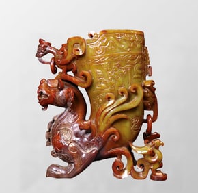 Superb Vintage Chinese Hetian Jade Carved Divine Beast Wine Cup