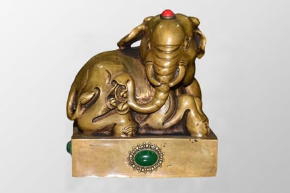 Vintage Chinese Bronze Inlay Gem Elephant Seal