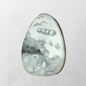Chinese Natural Hetian Jade Low Relief Remote Mountains Sightseeing Pendant
