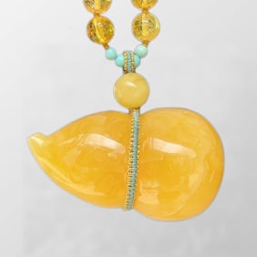 Beautiful Beeswax Carved Gourd Pendant w Hand Woven Beads Necklace
