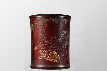 Vintage Chinese Zitan Wood Low Relief Pine Tree & Figure Design Brush Pot