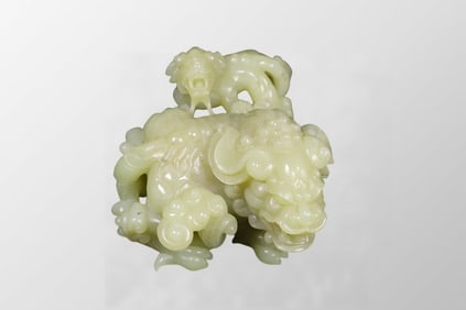 Superb Chinese Natural Hetian Jade Carved Fortune Lion Statue